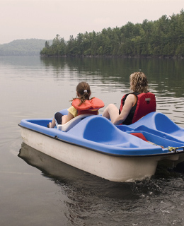Deux personnes dans un pédalo bleu